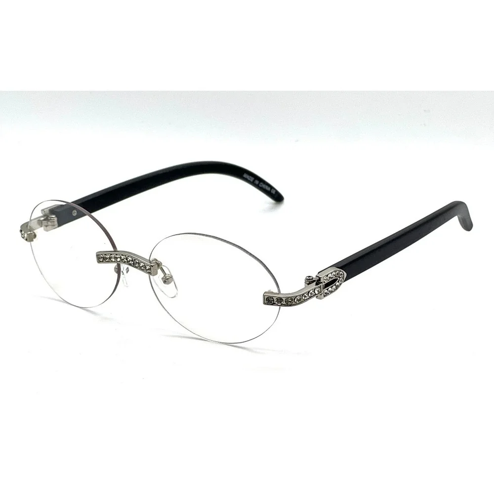 Rimless Sunglasses Rhinestone Silver Clear Lens Wood Grain Arm Men‎ Street Wear